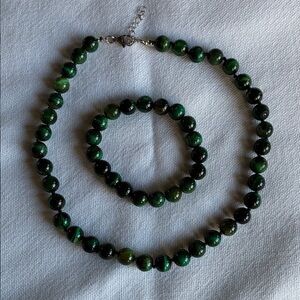 NEW Green Tiger's Eye beaded necklace & bracelet set boho chunky bold trendy